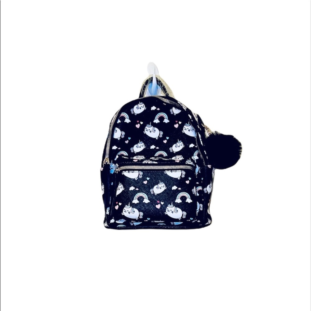 NWT Like Dreams: Black Unicorn Pom Pom Travel Backpack